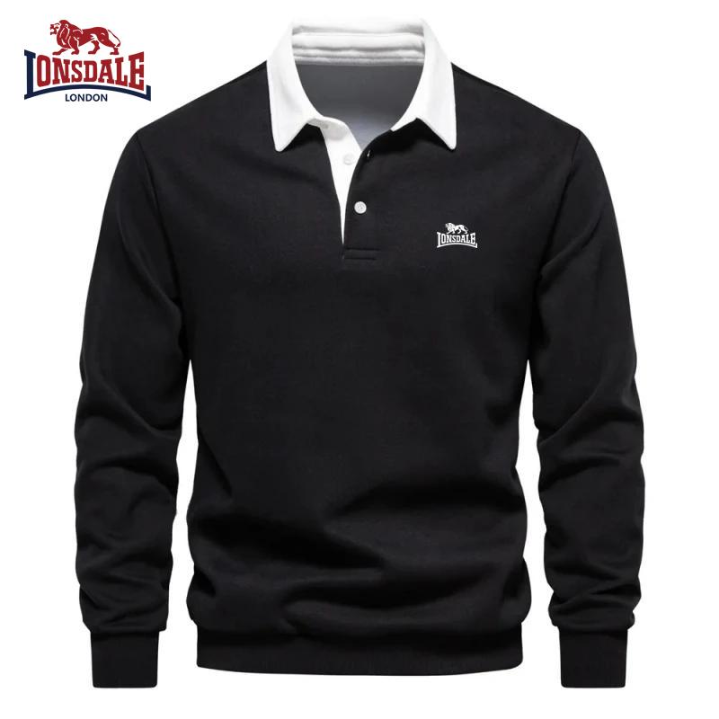 Lonsdale Tricou polo pentru bărbați din bumbac pur brodat cu mâneci lungi pentru toamnă și iarnă, top multifuncțional nou la modă și casual