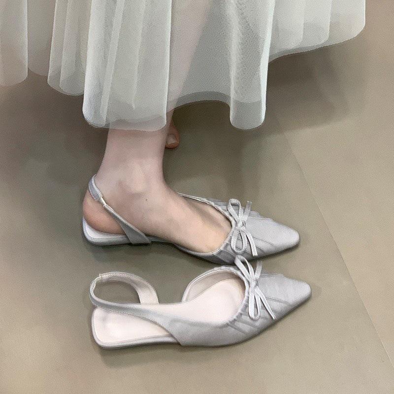Trendy Pointed Wrinkled Bow Bag Head Sandals Women's Summer Slope Heel Empty Single Shoes