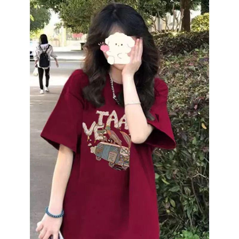 Purple Dopamine Cartoon Print Short-Sleeved T-Shirt 150kg Plus Size Women's Clothing 2026 Summer 100kg Pure Cotton Top