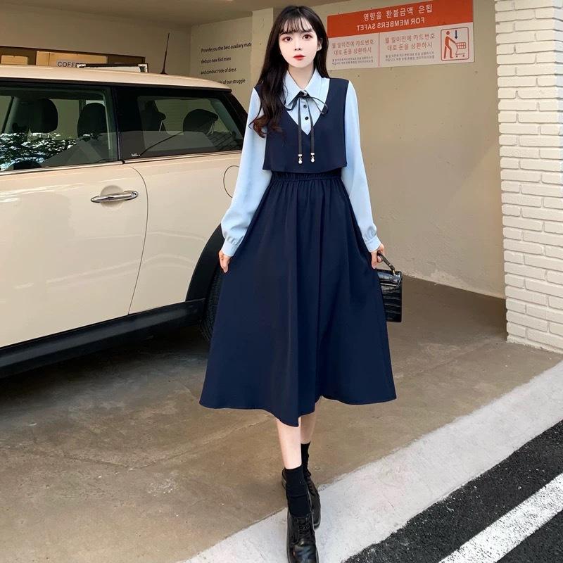 Large size women's fake two-piece dress women's autumn new retro design temperament slim dress