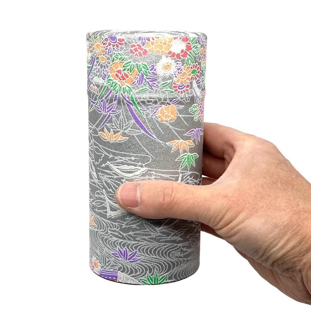 Noguchi Kumataro Tea Garden Tea Caddy, Large Capacity 200g, with Washi Paper and Inner Lid, Waterside Flower Design, Silver, Made in Japan, Stylish