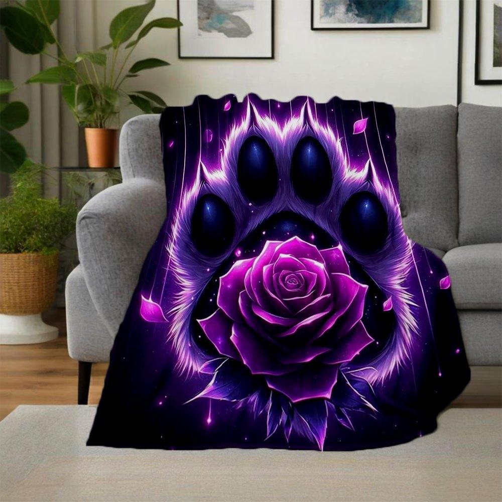 Purple Rose Paw Print Wall Art DecorBlanket Flannel Throw Blanket for Sofa, Bed, Travel, Camping, Office, Couch, Chair, And Bed Gift for Chr