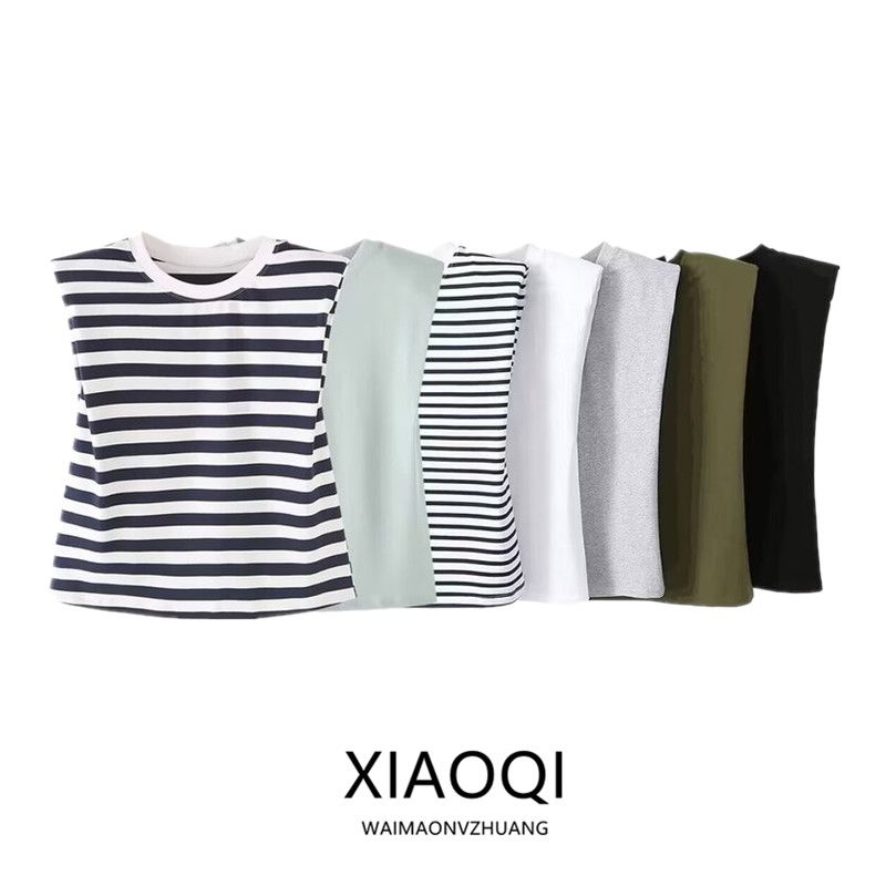 Fashion Style 2024 Summer New Women's Clothing Casual Easiest for Match Padded Shoulder Decoration Stripes T-shirt 0858030104