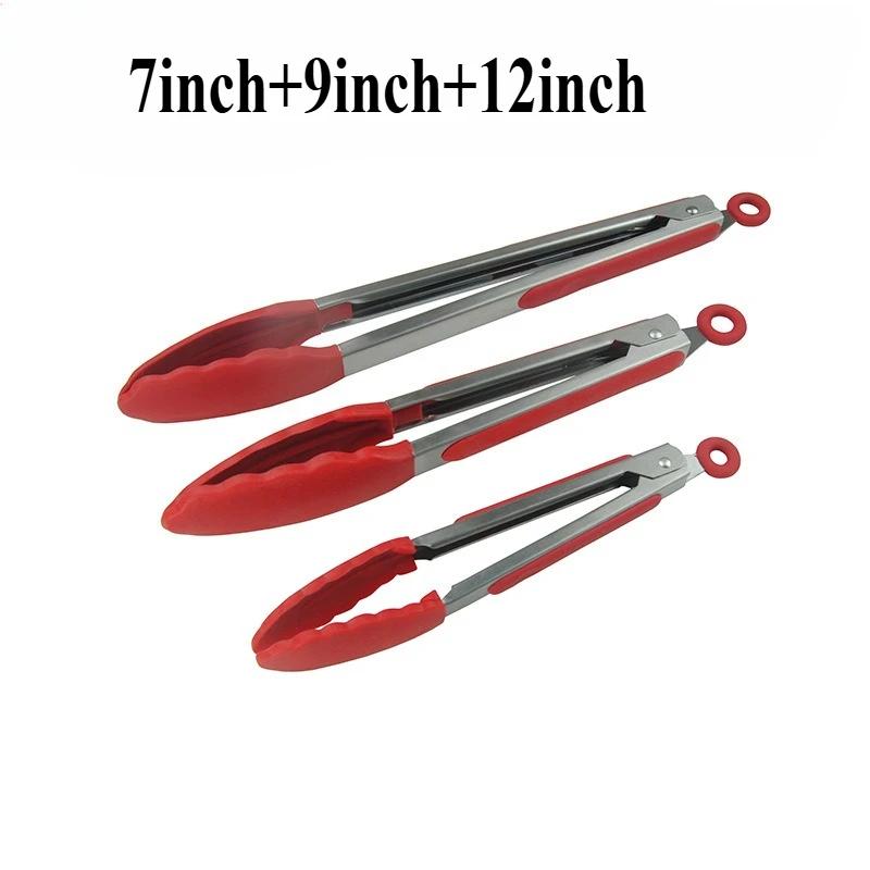 1 Pc Black Silicone Food Tongs, Stainless Steel Food Tongs Outdoor BBQ Clamps for Camping Kitchen Tongs for Baking Steak