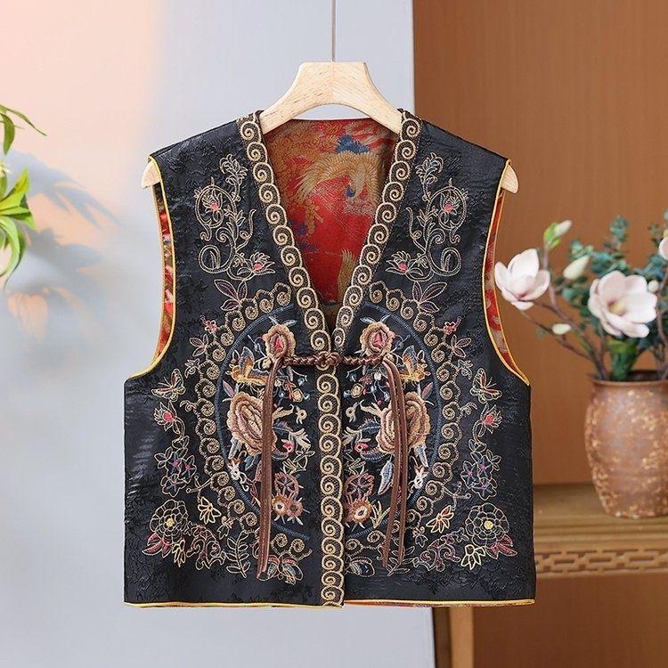 2024 Retro Etnisk Kinesisk Stil Brodert Reversibel V-hals Vest for Kvinner