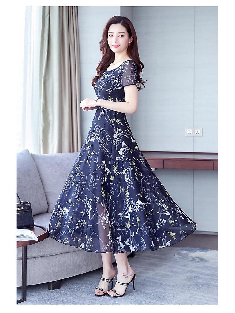2024 Summer Ice Silk Floral Long Swing Dress for Women - Slimming, Long Sleeve, Casual Elegance