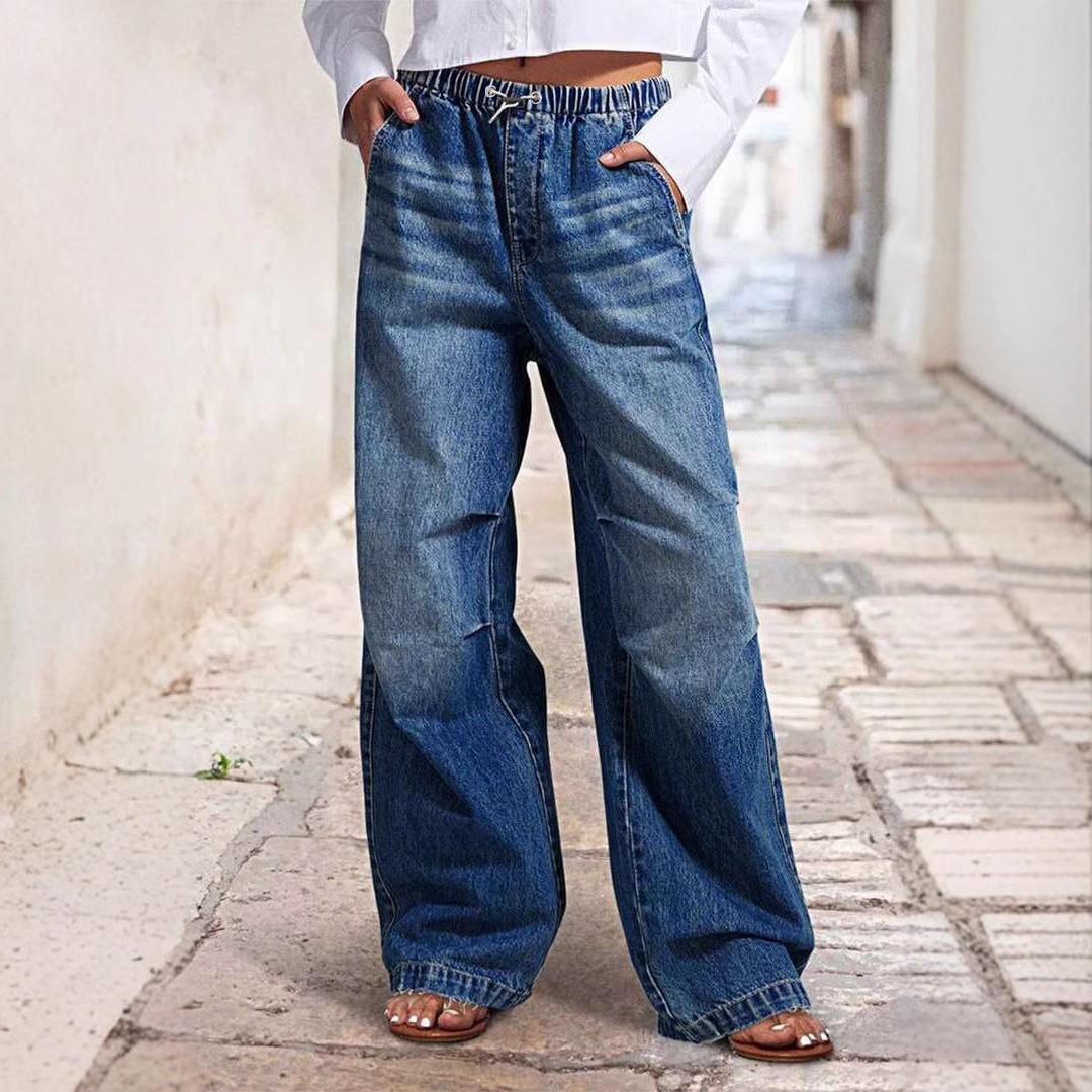 

2025 Spring Mid-Waist Wide-Leg Pleated Loose Jeans - Women s Retro Streetwear XL темно-синий