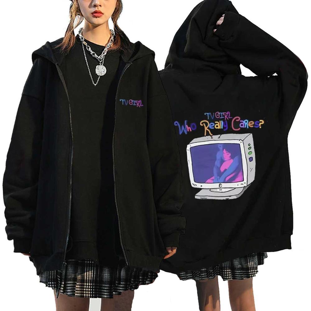 TV Girl Hoodies Who Really Cares Graphic Printed Zipper Sweatshirts Men's Women's Fashion Fleece Casual Oversized Zip Up Jackets