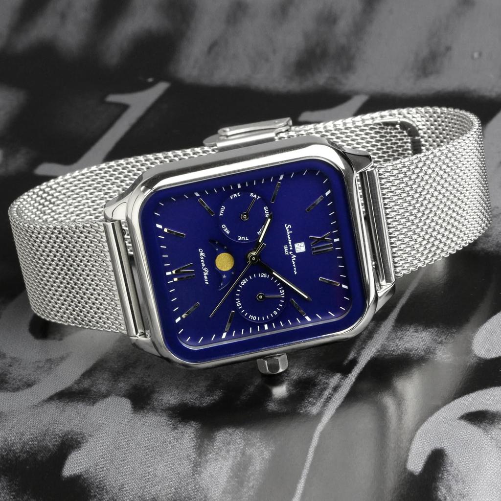 Watch Moon Phase Square Square Multi Calendar Business Formal Stainless Steel Mesh Belt Limited Model Silver Blue [Salvatore Mara] Men's SM24112-SSBLM