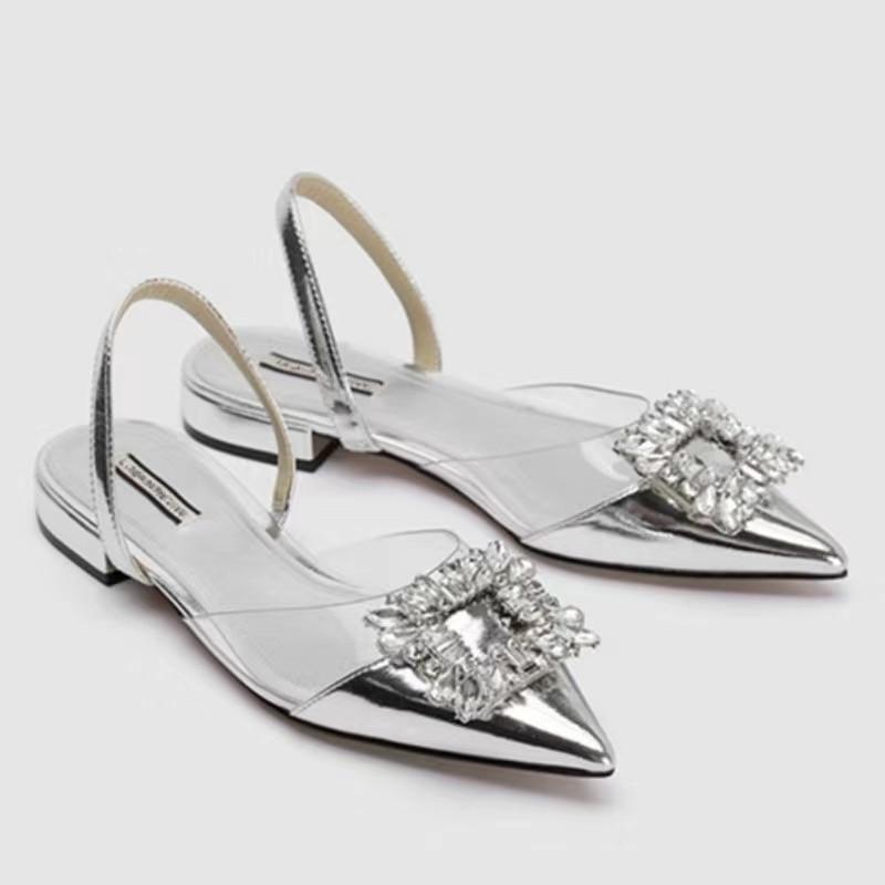 

Осенние новые дизайнерские женские модные сексуальные банкетные удобные прозрачные однотонные женские босоножки с острым носком на низком каблуке 39 серебряный