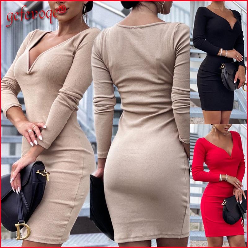 Primavera / Otoño Ropa de Mujer Casual Elegante Sexy Vestidos de Fiesta  Mujer V Cuello Largo Sólido Básico Bodycon Mini Vestido comprar a buen  precio — entrega gratuita, reseñas reales con fotos — Joom