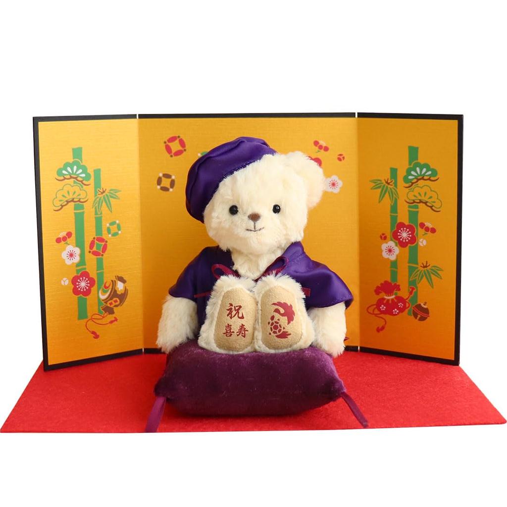 Petit Lou Celebration Bear For 77th Birthday With Gold Folding Screen 12cm Normal