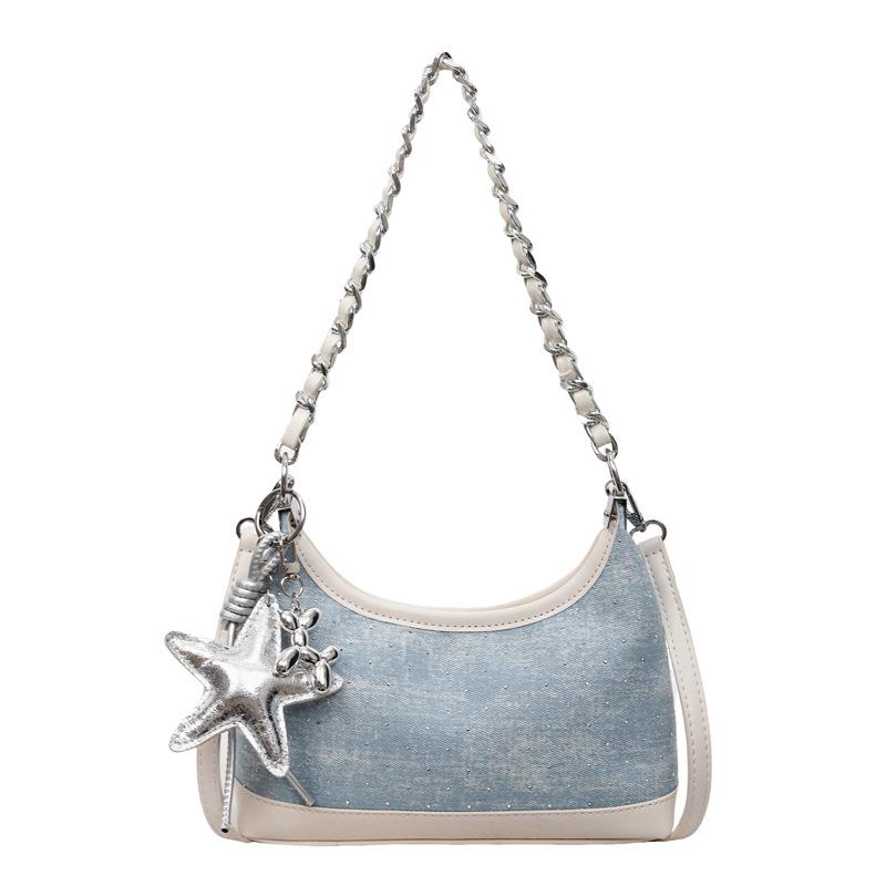 Fashion Denim Shoulder Bag for Women 2024 New Korean Style Crossbody Bag with Chain Cute Versatile Top-Handle Purse