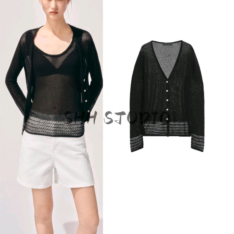 Autumn New Women's Clothing Idle Style Single Row Multi-Buckle Mesh Hem Long Sleeves V-neck Knitted Jacket 2756104