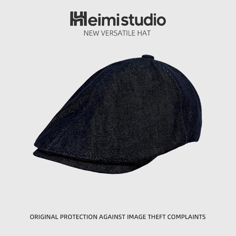 Vintage Navy Blue Denim Forward Hat Women's Cap with Top Buckle Niche Newsboy Hat Painter Hat