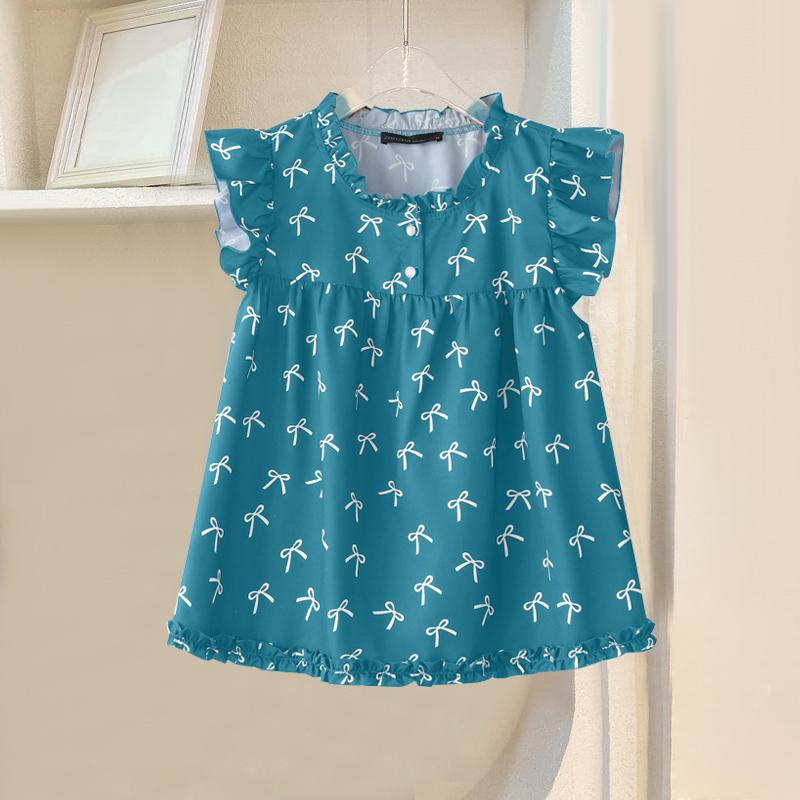 

ZANZEA Women Casual Round Neck Sleeveless Ruffled Bow Printed Tank Tops 5XL світло-синій колір