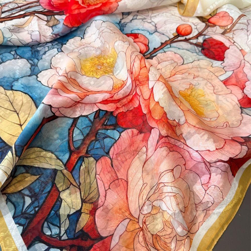 Soft Silk Scarves Peony Flower Female Shawl Wrap Fashion Women Head Scarf  Summer