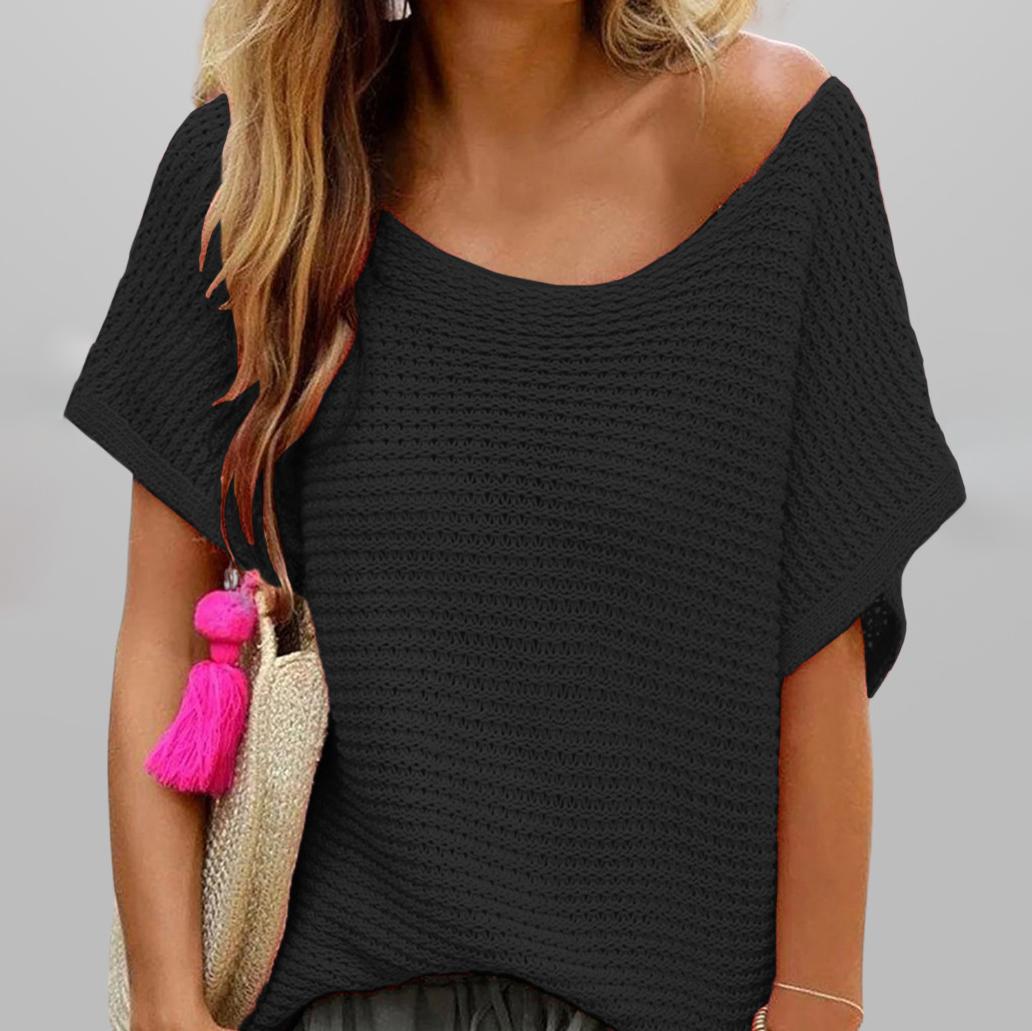 

Летняя мода пригородный круглый вырез однотонный вязаный свитер свободные женские топы с короткими рукавами S чёрный