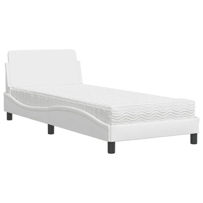 VidaXL Bed with Mattress White 90x200 Cm Faux Leather, Bedroom Furniture, Single Bed, Curved Bed Frame, Slatted Base, 3208338