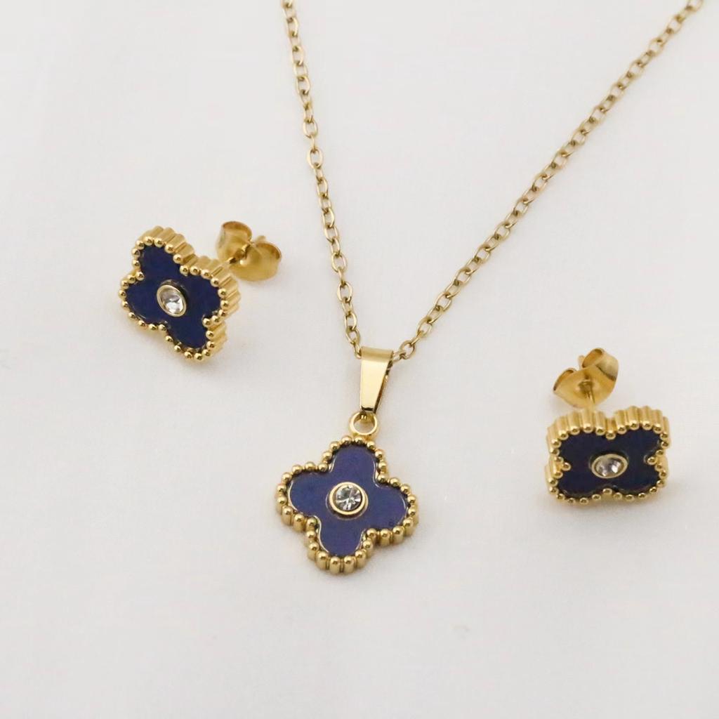 2PCS Stainless Steel Clover Shell with Diamond Necklace and Earring Set