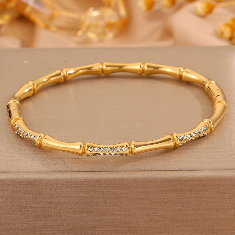 Stainless steel bracelet with real gold plating, bamboo design, diamond inlay, women's European and American fashion, non-fading plating18K Gold