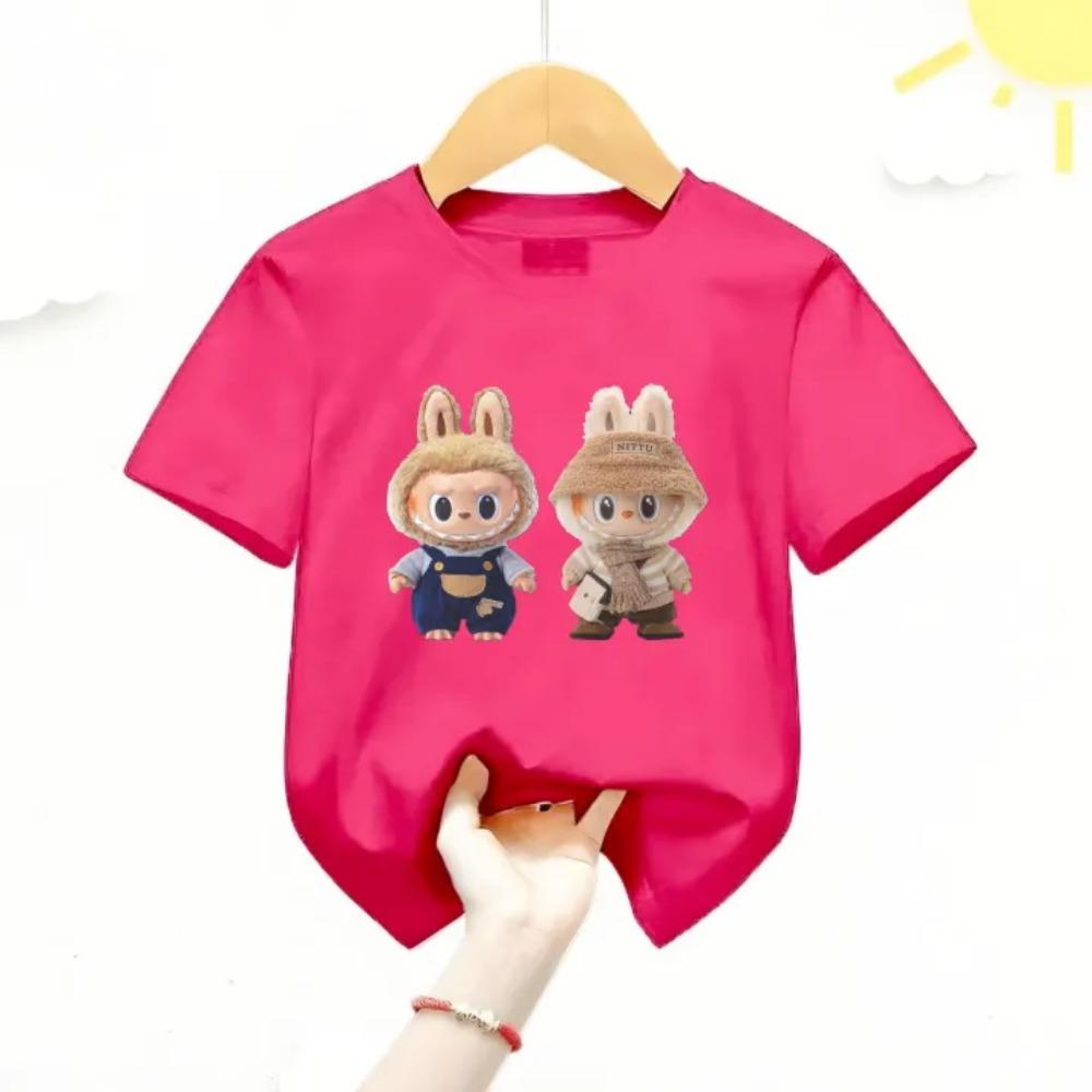 2025 New LABUBU Printed Short Sleeved Fashionable and Versatile Round Neck T-shirt Casual Cartoon Style Girl's Top