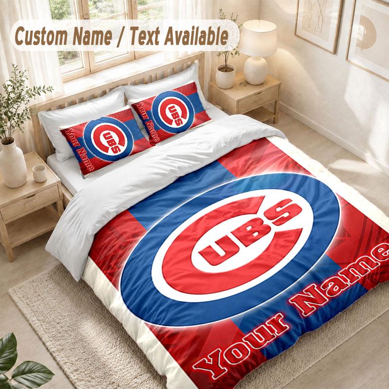 Custom Name Bedding Set 3 PiecesChicago Cubs Print Duvet Cover + 2 Pillowcases Soft Bed Decor