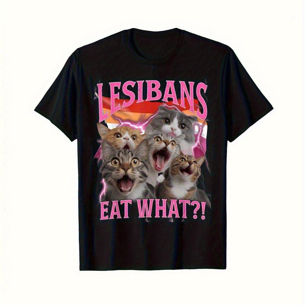 Esbian Friends Humorous 90s Internet Cat Shirt Lesibans Eat What Design Black Casual Tee for Women Perfect for Casual Attire