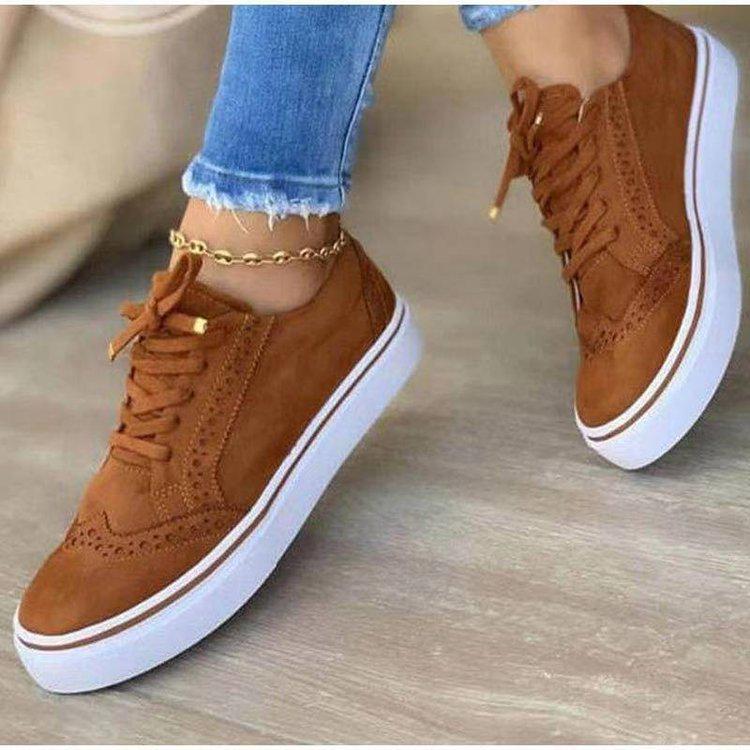 Plus Size Lace-up Women's Casual Shoes - Spring/Summer 2021, Round Toe, Flat Heel, Solid Color