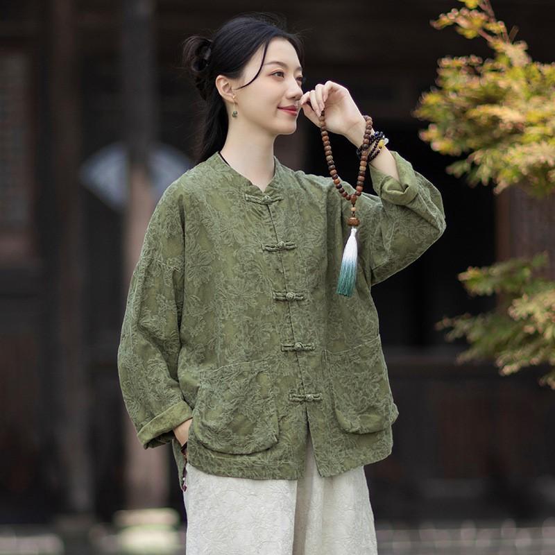 Johnature Women Vintage Jacquard Shirts Tops Stand Long Sleeve Pockets Blouse Autumn Chinese Style Shirts