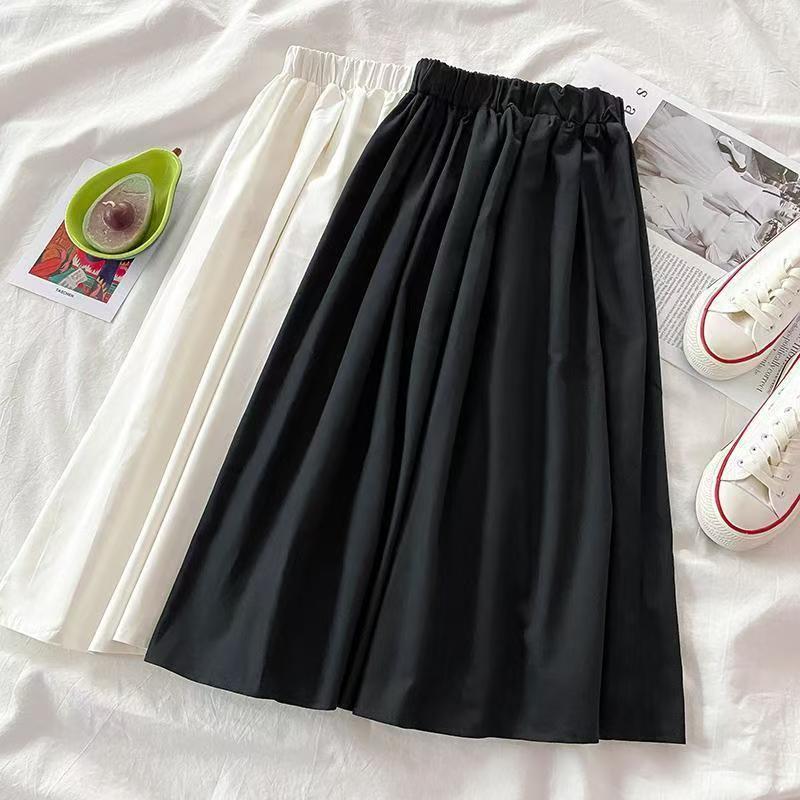 Women's Mid-Length A-Line Skirt: Japanese & Korean Style, Solid Color, Elastic Waist