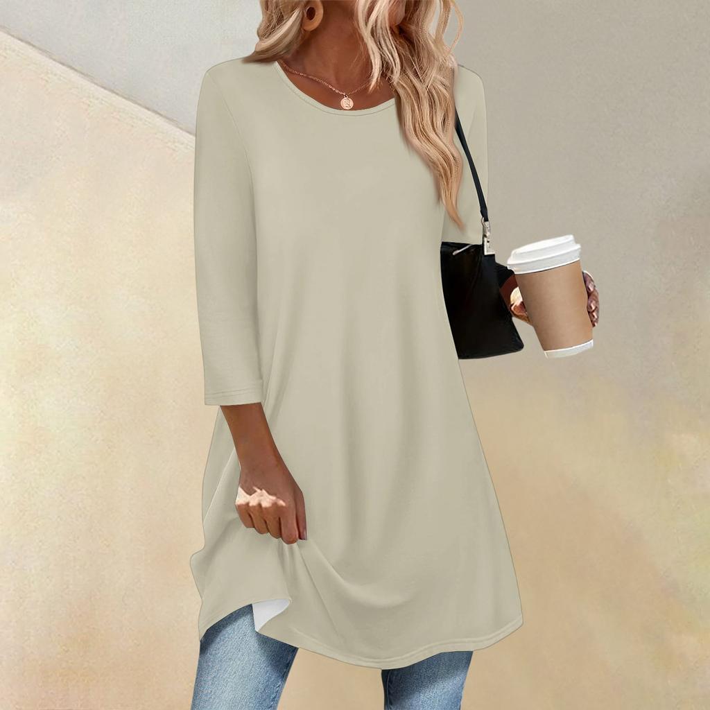 Women's Fashion Casual Three-quarter Sleeve Long Solid Color Round Neck Top