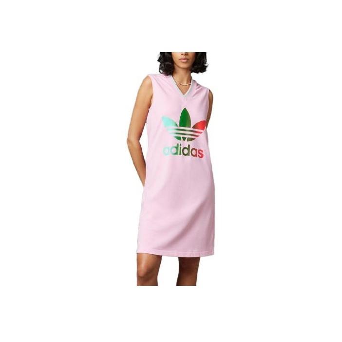 Adidas Originals SS23 Adicolor 70s Retro Series Logo Letter Print V-Neck Sleeveless Dress Women Dresses Pink IK7860