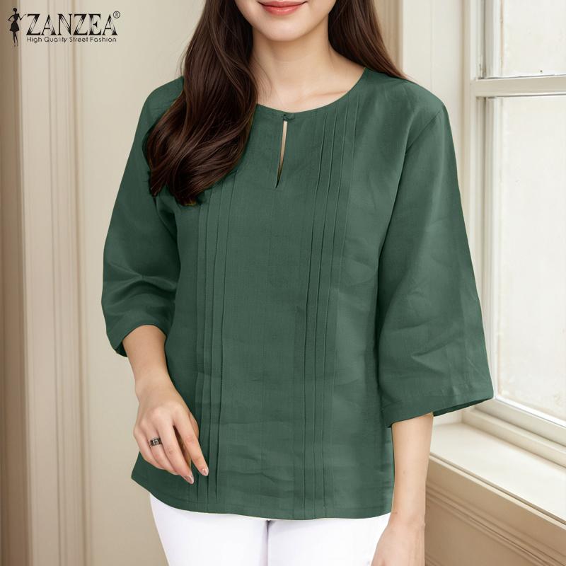 ZANZEA Women Casual Round Neck Solid Color 3/4 Sleeve Loose Blouse