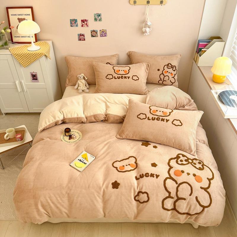 Cartoon Milk Velvet Four Piece Patch Embroidered Coral Velvet Quilt Cover Flannel Sheet Quilt Cover