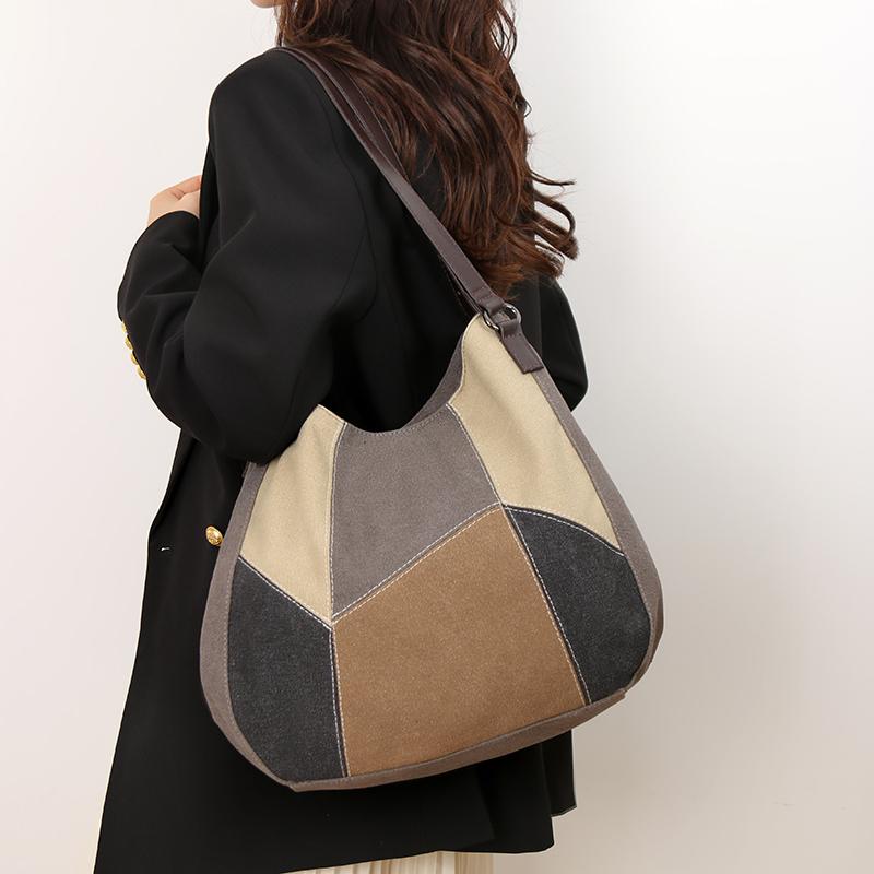 Women's Shoulder Bag Large Capacity Tote Bag Contrast Color Stitching Canvas Bag
