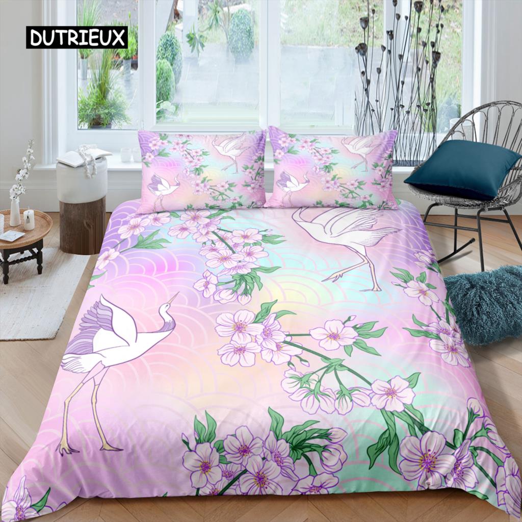 Kranich-Druck Bettwäscheset Luxuriöser Bettbezug Queen-Size Bettdeckenbezugsets für Kinder Teenager Schlafzimmerdeko Mikrofaser Steppdeckenbezug