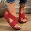 Women's Perforated Wedge Sandals Cross Strap Solid Color Hook & Loop Shoes Comfy Arch Support Platform Shoes