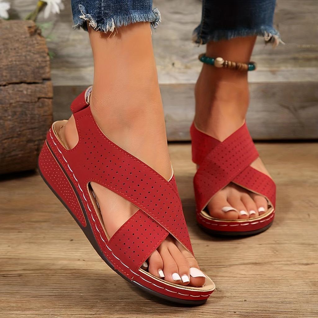 Women's Perforated Wedge Sandals Cross Strap Solid Color Hook & Loop Shoes Comfy Arch Support Platform Shoes