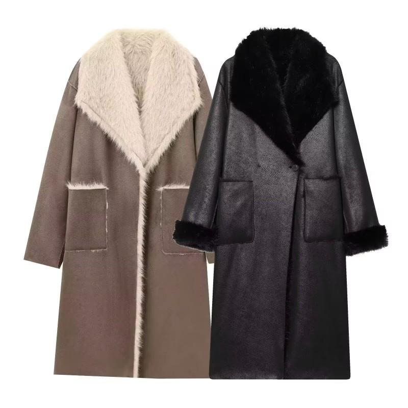 Womens Double-Sided Faux Fur Long Coat Winter Streetwear Oversized Hoodless Jacket Black Khaki