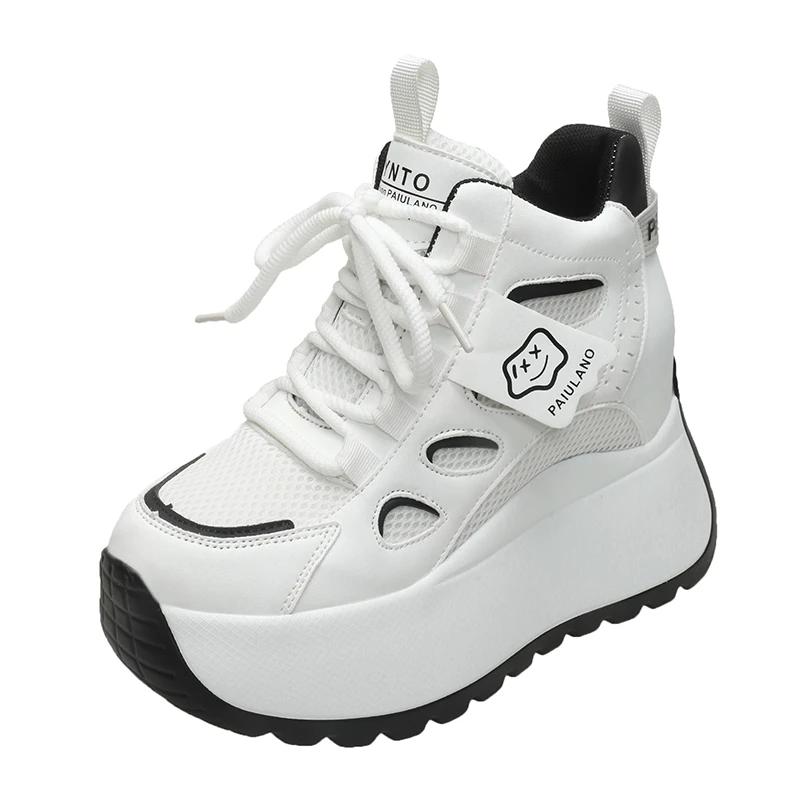 

Fashion 10CM Mesh Chunky Sneakers Women Lace-up Platform Sports Dad Shoes Woman Goth Thick Bottom High Heels Female Wedges Sneakers 34 чёрный