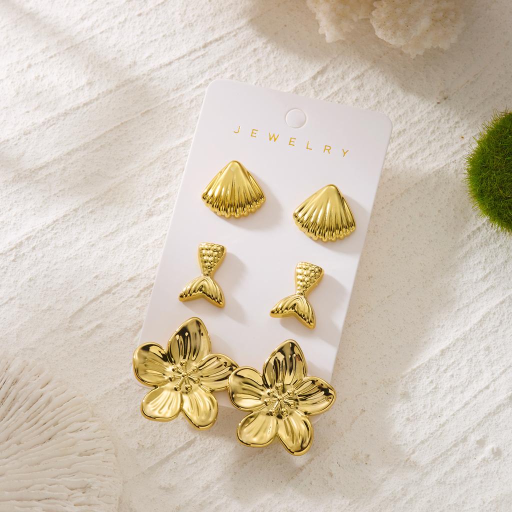 6pcs Gold Color Starfish Shell Stud Earrings Set for Women Ocean Series CCB Metal Textured Earring Boho Beach Party Jewelry