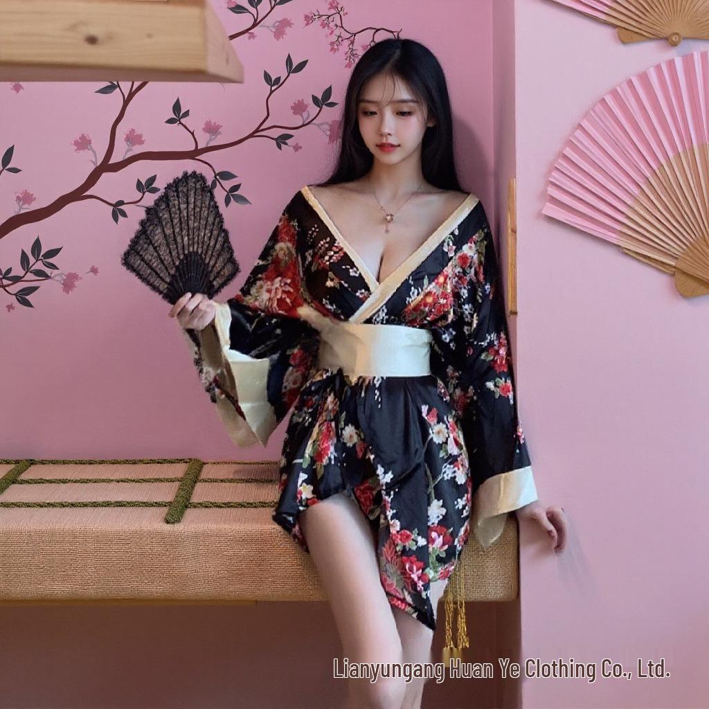 Persimmon Yumi Geisha Kimono Robe - Seductive Deep V Erotic Boudoir Nightgown