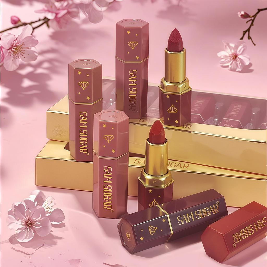 Batom Sereia Acabamentos Cintilantes e Perolados Batom Tons Vermelhos Longa Duração Acabamento Matte Brilho Labial, Presente de Natal Perfeito