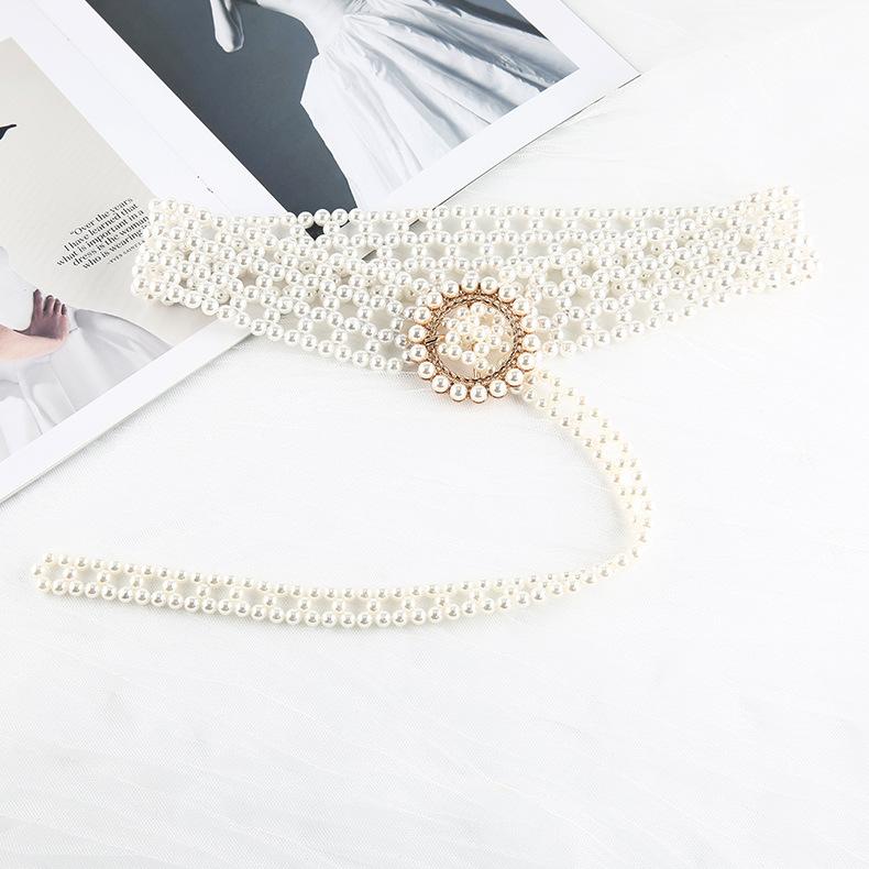 Women'S Sweet Temperament String Pearl Belt Elastic Wide Diamond Waist Seal Retro Skirt Decorative Belt