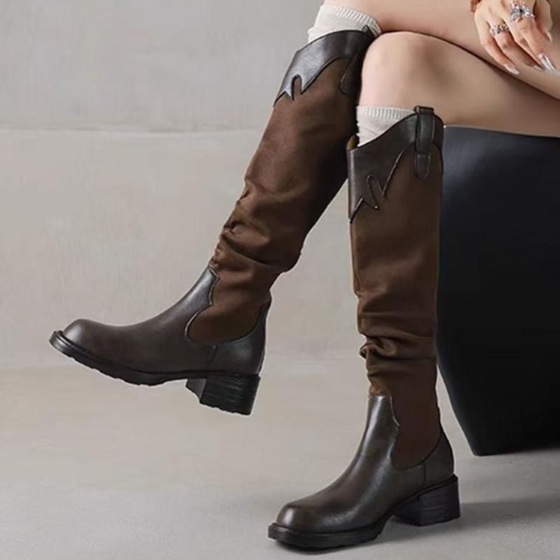 Version i kohud~ äkta läder staplade långstövlar retro tjock klack western cowboy stövlar dam ridstövlar v-ringade stövlar