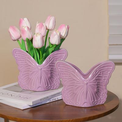 Jarrón de Cerámica Mariposa Morada en Relieve Mariposa Simulada Arreglo Floral Jarrón de Flores Terrario Accesorios de Decoración para el Hogar