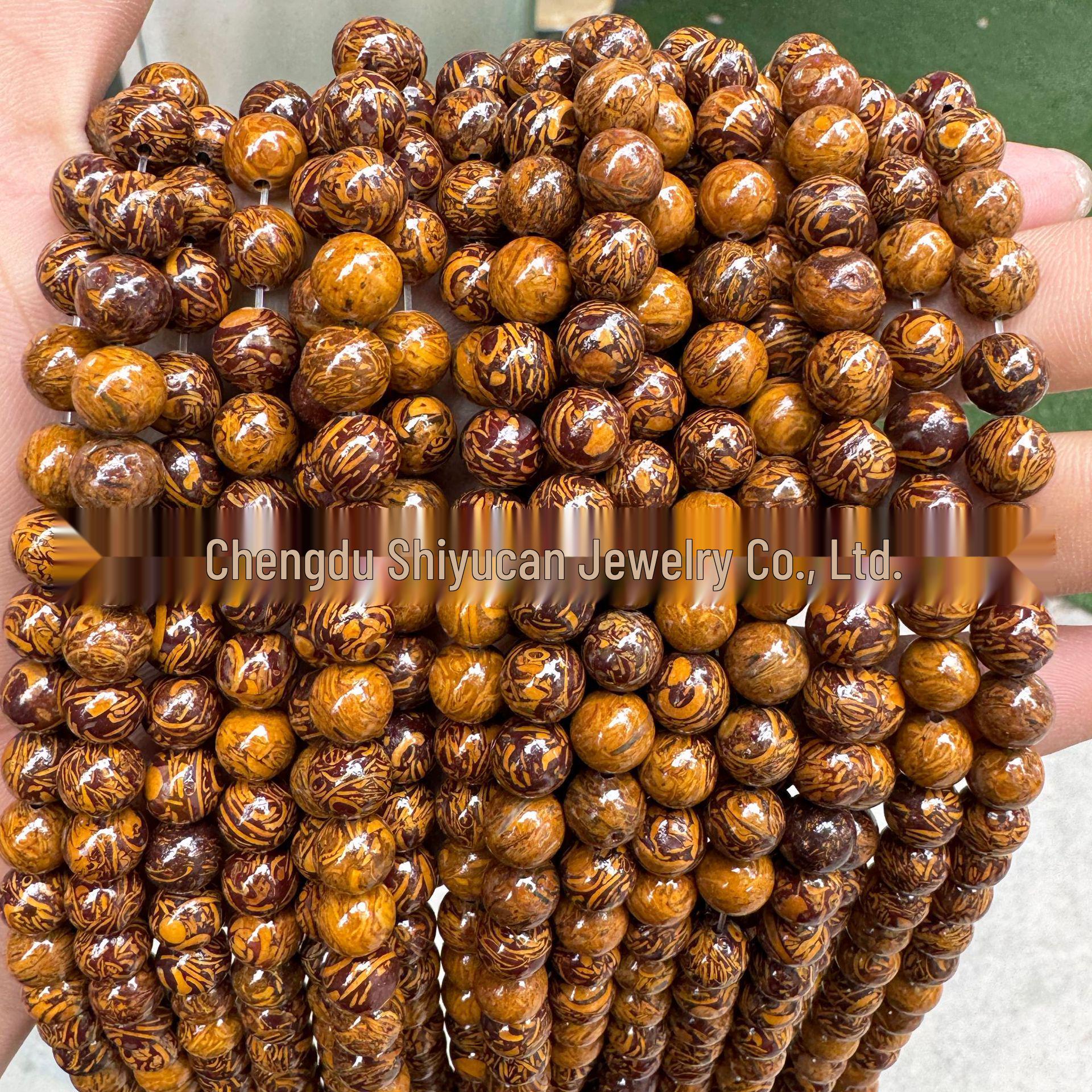 Natural Rubber Stone Round Beads: Golden Silk Jade Wood Grain for DIY Jewelry Accessories 6mm (60 beads)