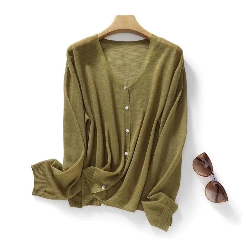Women V Neck Thin Semi Sheer Knit Cardigan Long Sleeve Single Breasted Sun Protection Casual Knitted Outerwear