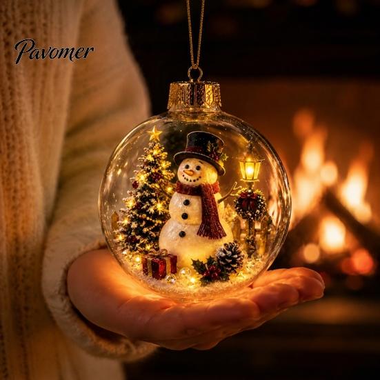 Illuminated Hanging Spheres Lighted Christmas Ornament with Warm LED Lights, Retro Metal Cap Decorative Decor for Tree Transparent Ball Holiday